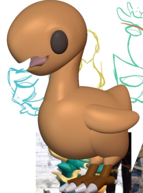3D model of a brown bird/chocobo with sketch reference in background